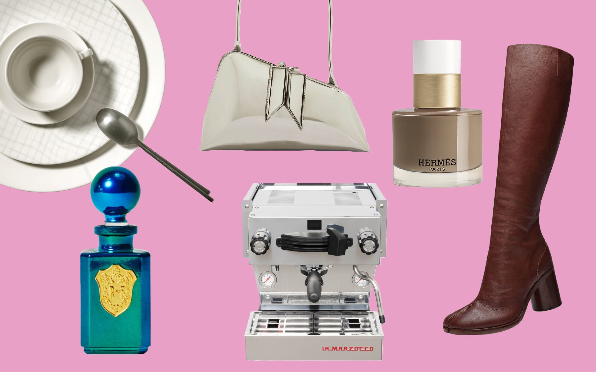 Collection of luxury items including a coffee cup, handbag, perfume, knee-high boot, espresso machine, and blue bottle on pink background.