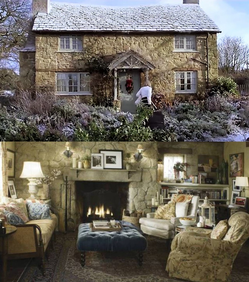 Cozy stone cottage with snow-covered roof and a warmly lit interior living room with a fireplace and comfortable seating.