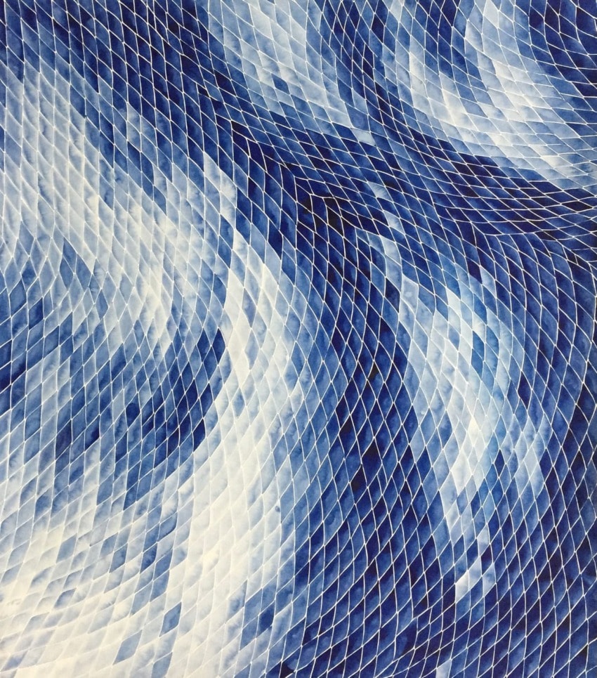 Blue and white abstract pattern with wavy grid-like design, creating a dynamic, textured visual effect.