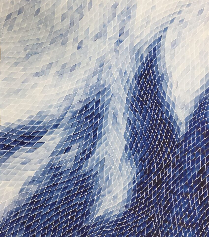 Abstract blue and white mosaic pattern with wavy grid-like texture creating a dynamic, flowing effect.