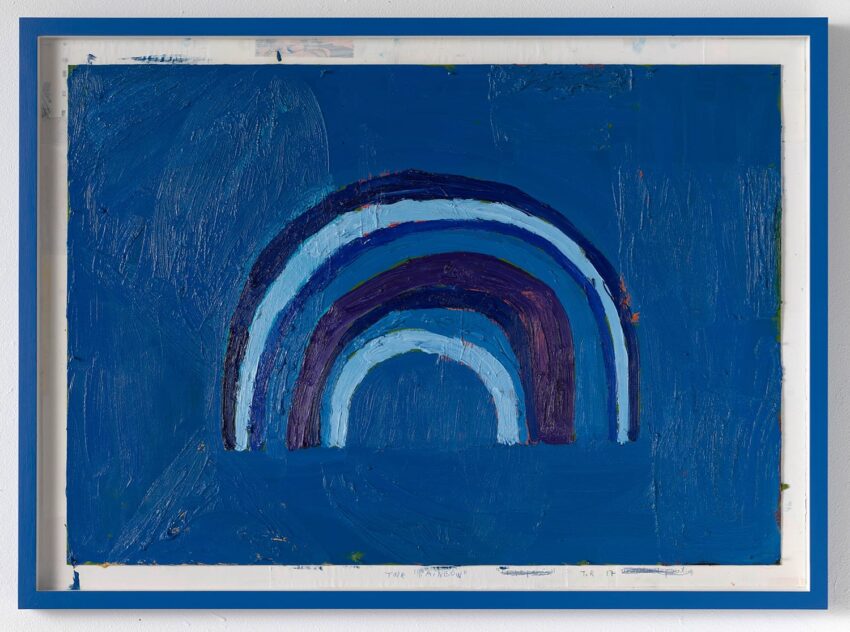 Abstract painting of a blue rainbow with textured brushstrokes, framed in blue and white.