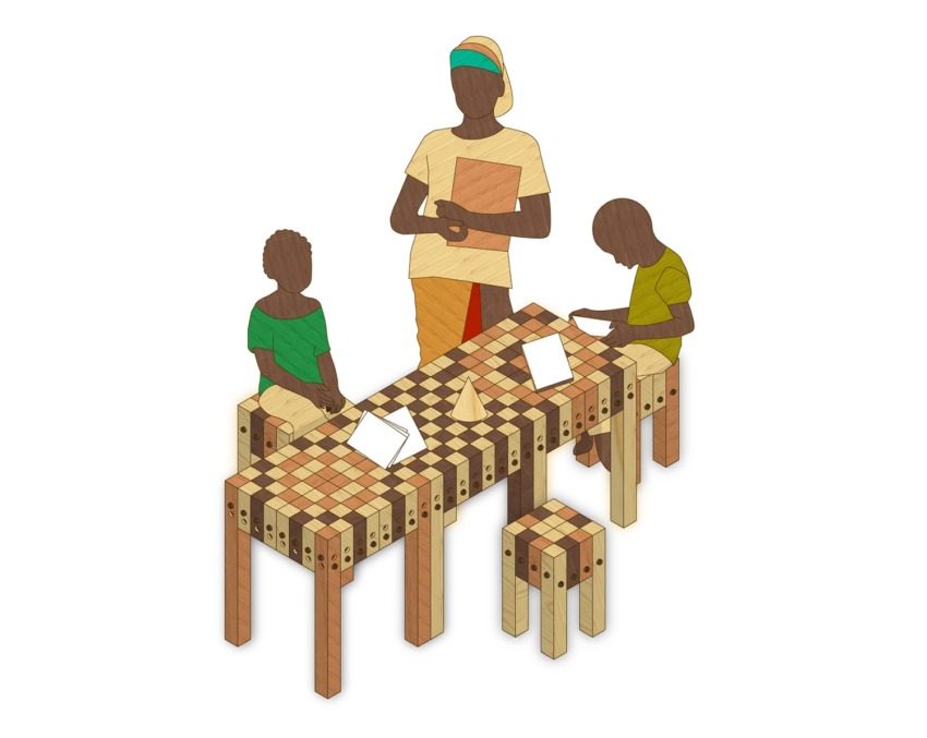 Colorful wooden block art depicting three people interacting around a patterned table with papers.