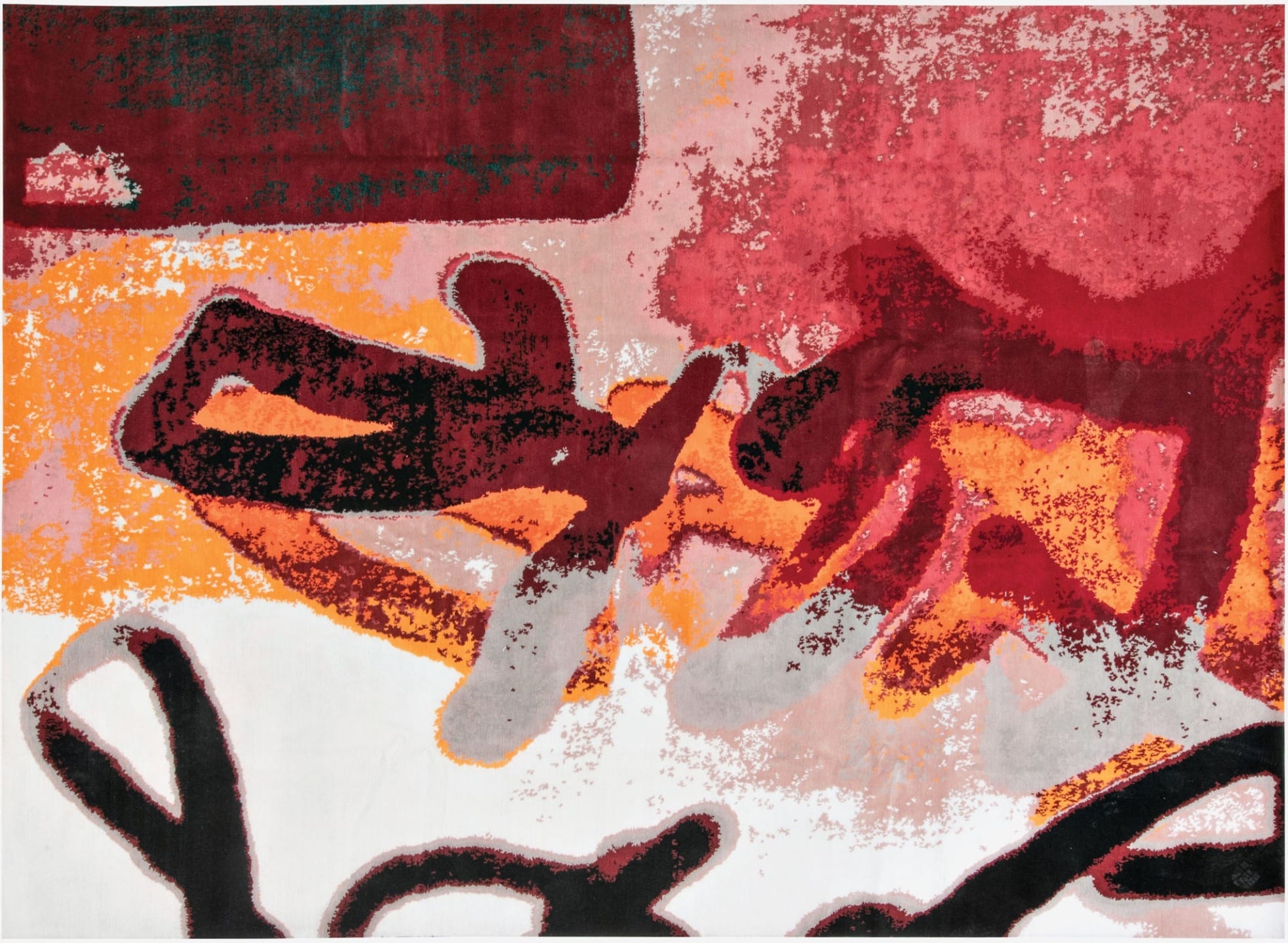 Abstract artwork with bold red, orange, and black brushstrokes creating a dynamic and textured composition.