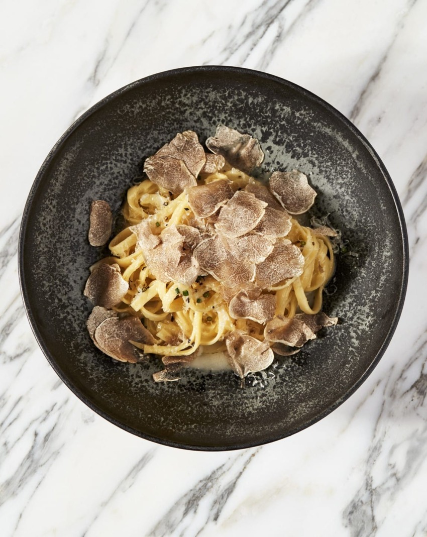 Creamy pasta topped with shaved truffles in a dark, textured bowl on a marble surface