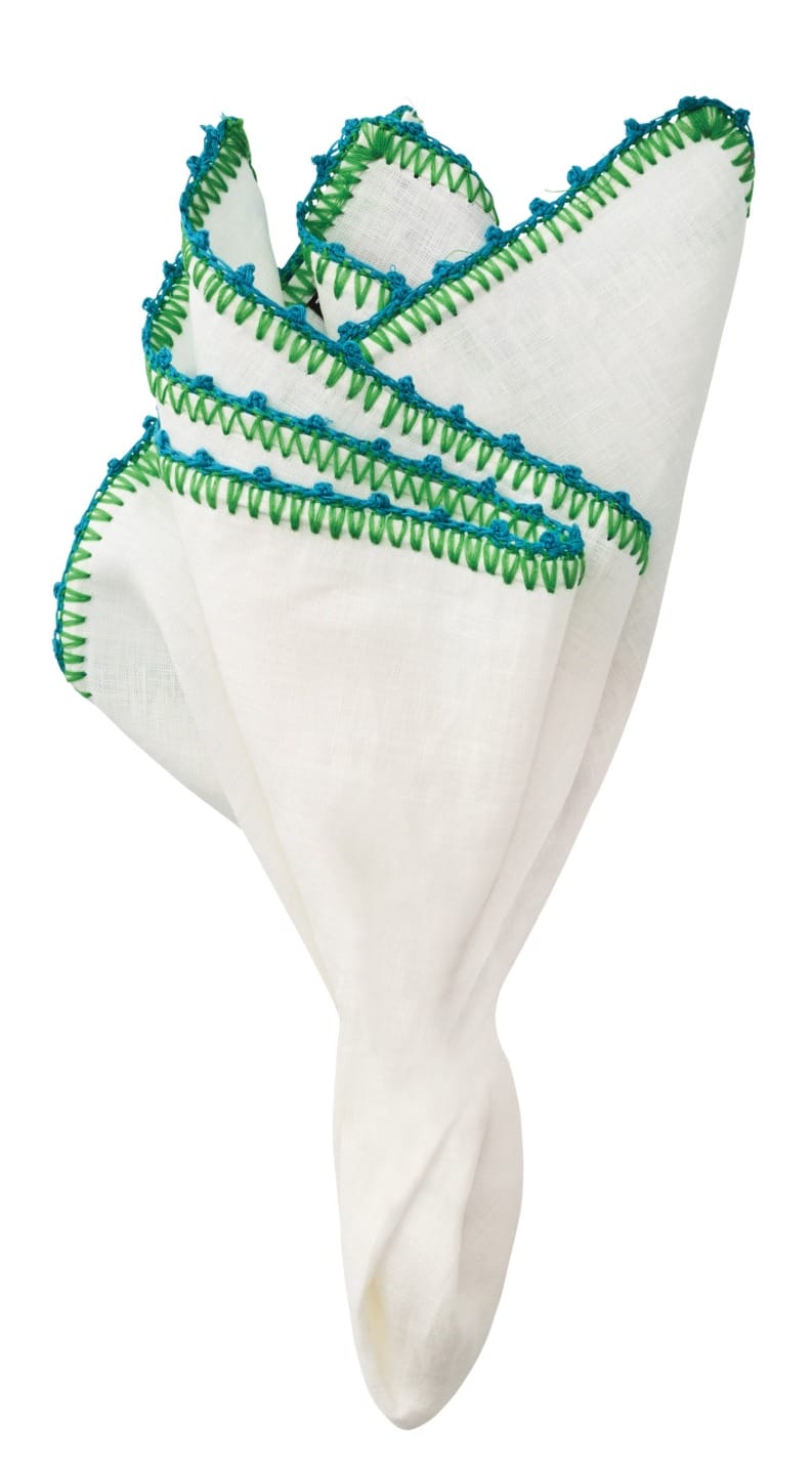 White handkerchief with blue and green stitched edges, elegantly folded, isolated on a white background.