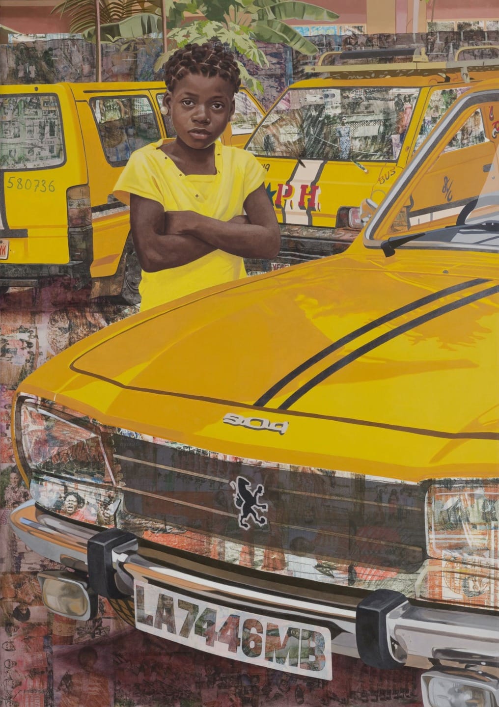 Young child in yellow shirt stands confidently in front of vintage yellow taxis with tropical backdrop.