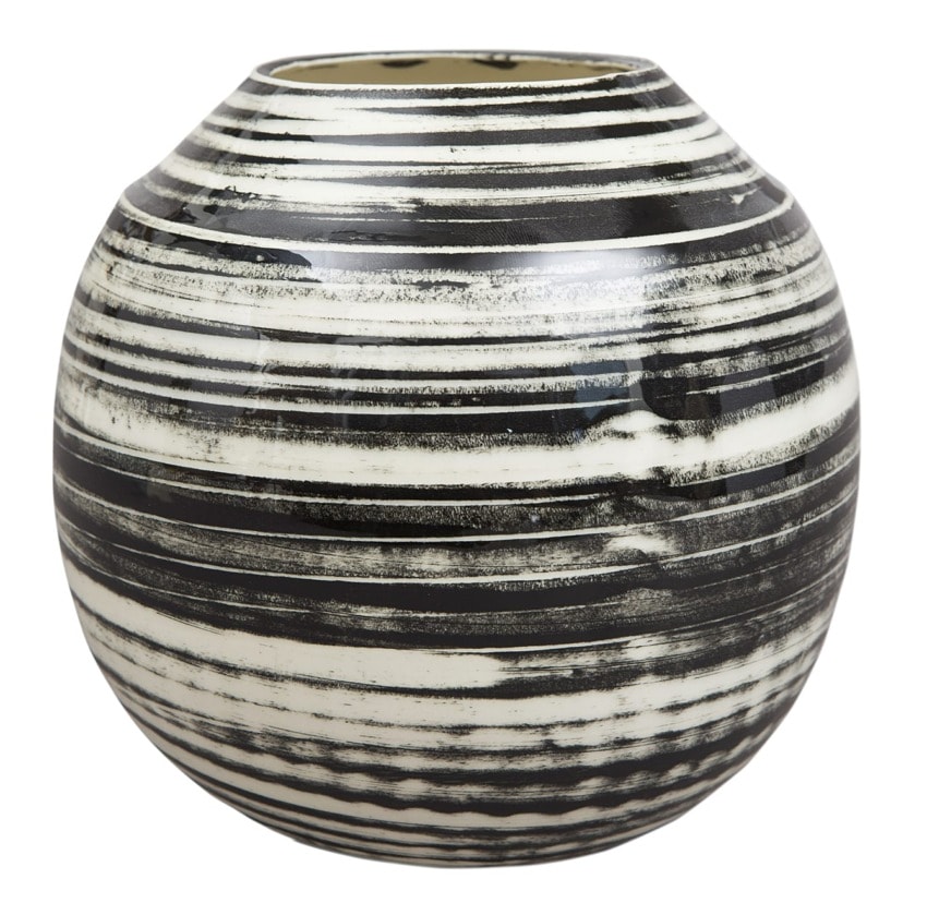 Round ceramic vase with black and white horizontal stripes, displaying a modern and minimalist design.