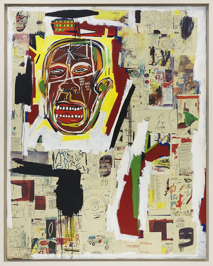 Colorful abstract painting with a prominent face and various fragmented text and images in a collage style.