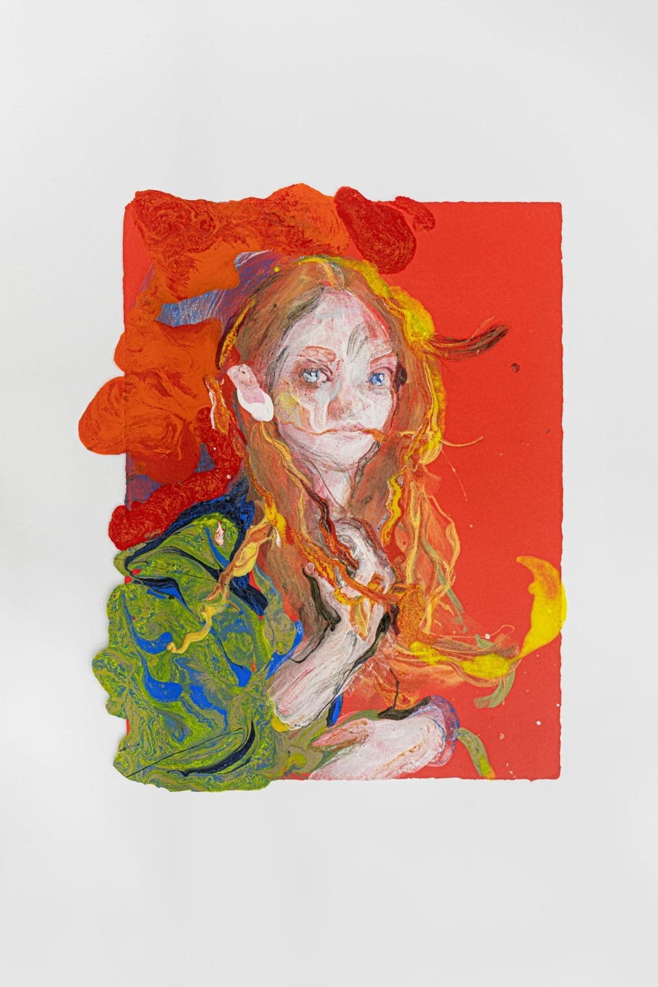 Abstract painting of a person with long hair against a vibrant red background, featuring fluid brushstrokes and vivid colors.