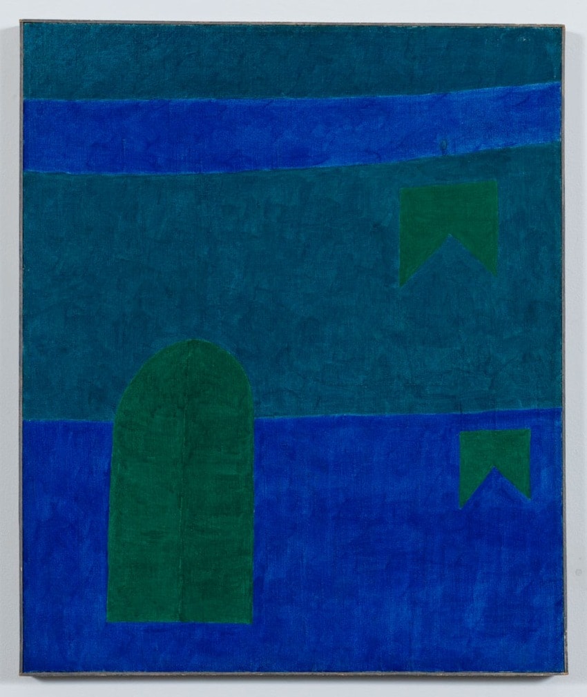 Abstract painting with bold blue and green geometric shapes, including arches and triangular forms on a teal background.