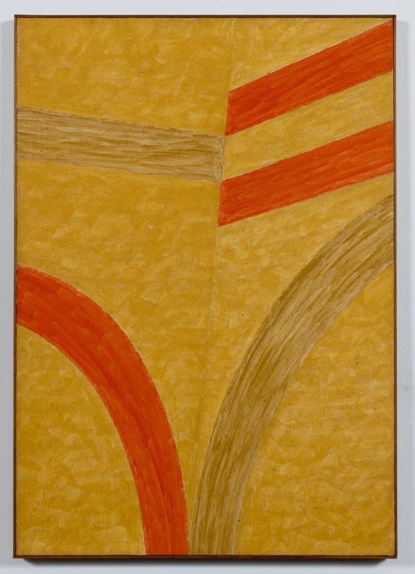 Abstract painting with bold red and orange arcs and lines on a textured yellow-brown background.