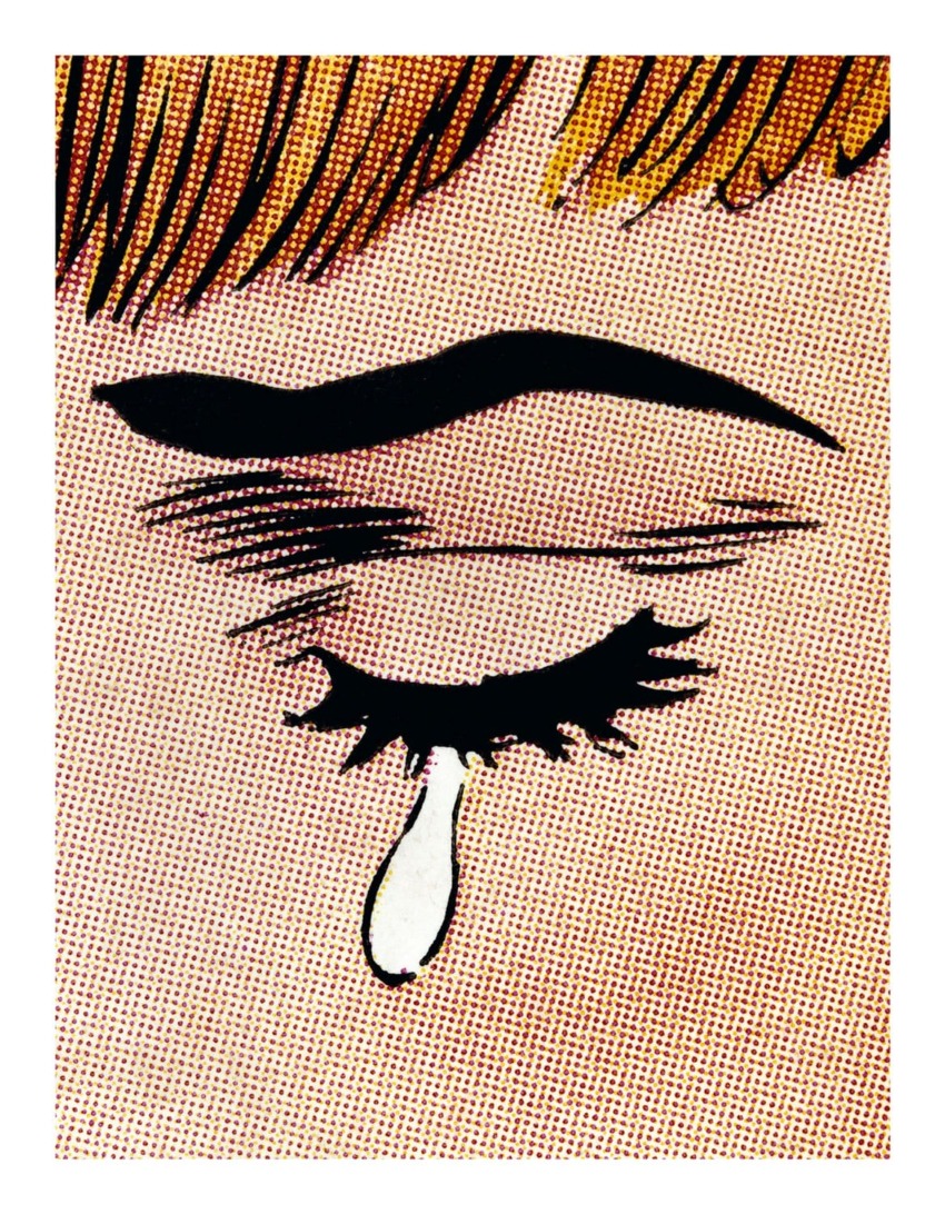 Pop art illustration of a teardrop falling from a single eye with heavy lashes, against a dot-patterned background.