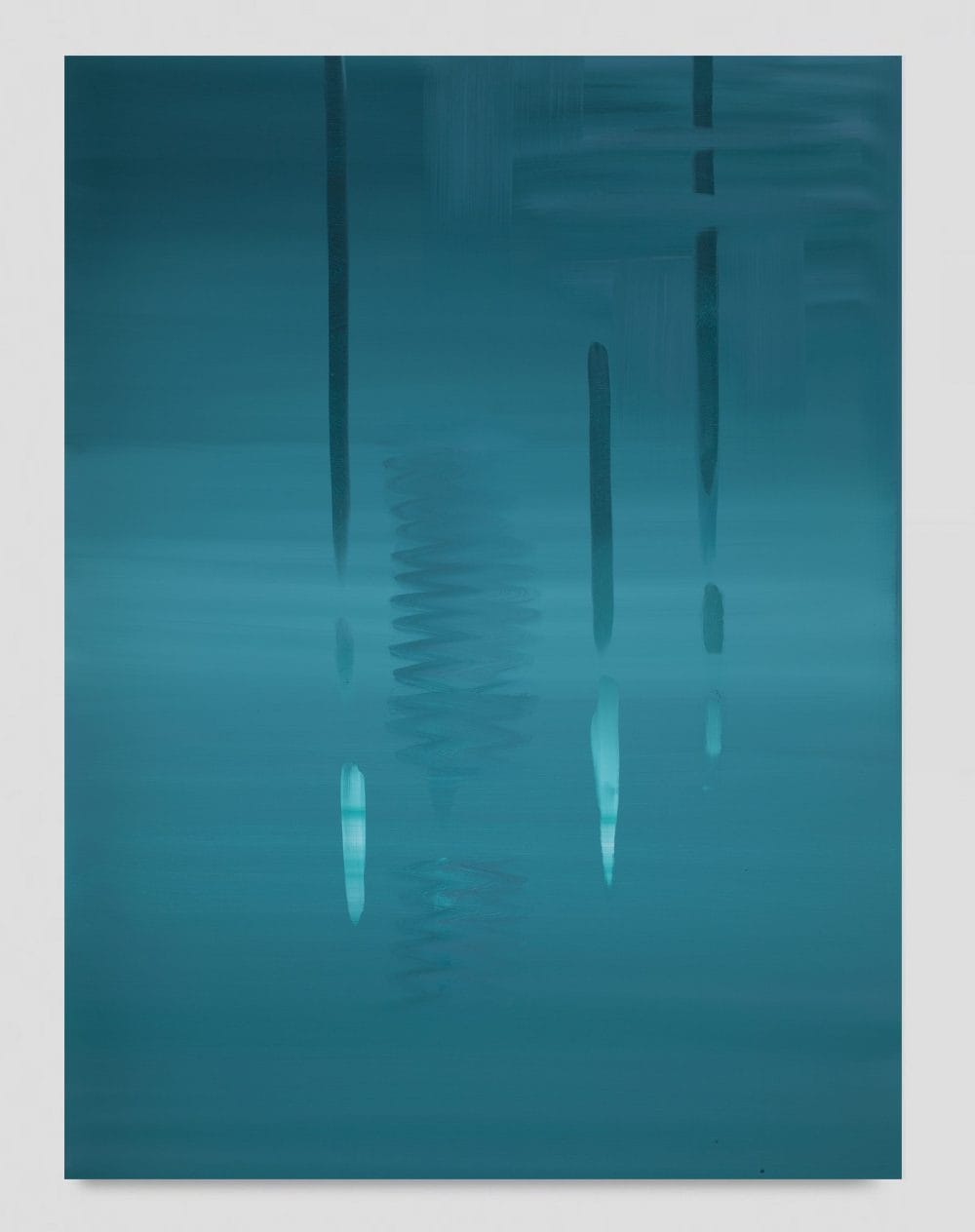 Abstract teal artwork with vertical lines and blurred patterns.