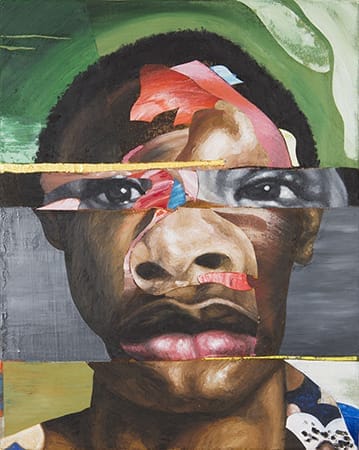 Abstract portrait collage featuring a man's face with overlapping colorful textures and fragmented facial features.