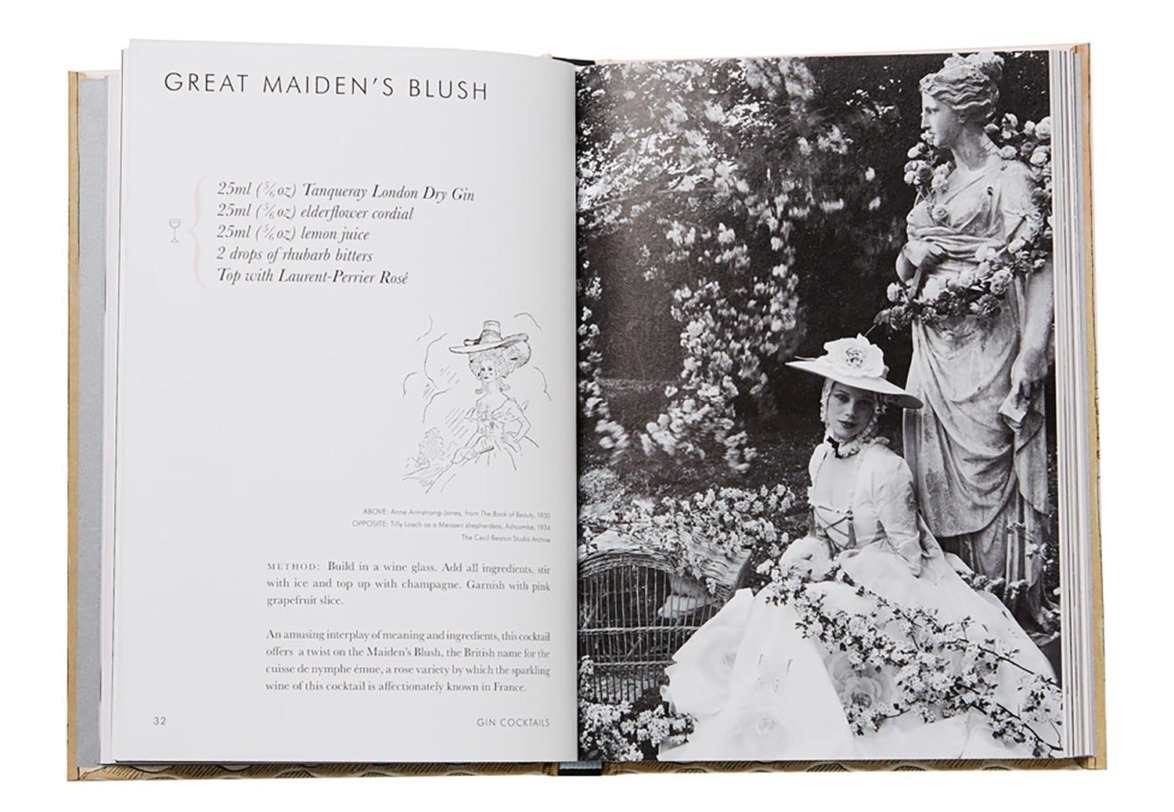 Open book with a cocktail recipe on the left and a vintage photograph of a woman in a garden on the right.