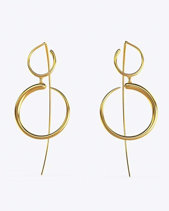 Abstract gold hoop earrings with a modern, geometric design on a plain white background.