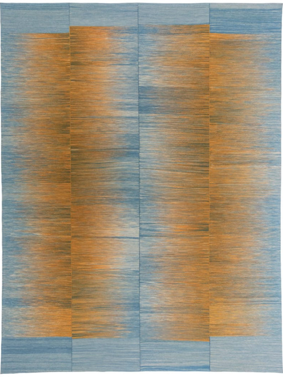 Abstract textile art with vertical gradient stripes in shades of blue and orange.
