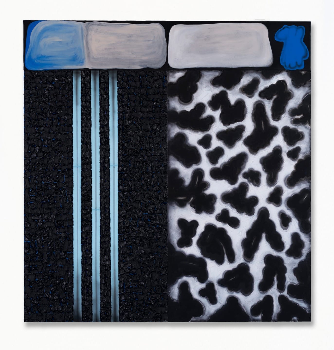 Abstract painting with black textured patterns, blue accents, and a contrasting white section with irregular black shapes.