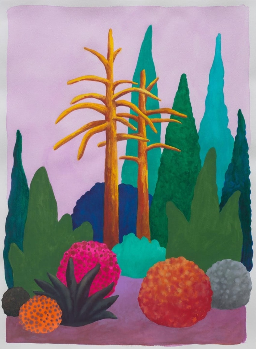 Colorful painting of abstract trees and vibrant round bushes against a purple background.