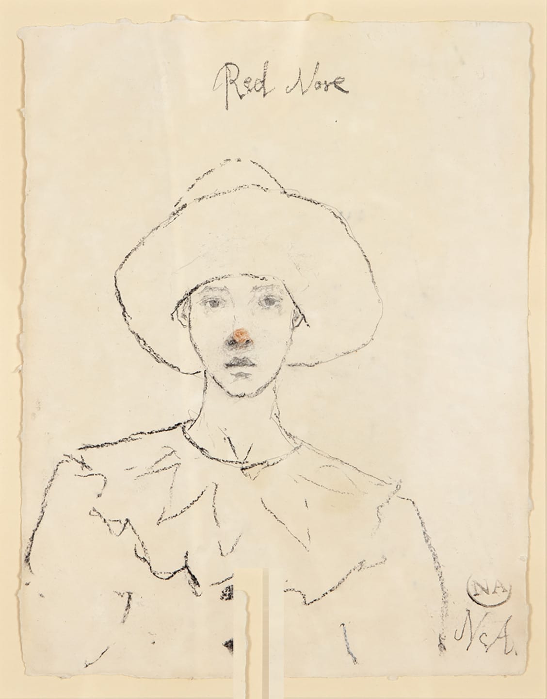 Sketch of a person wearing a hat and ruffled collar with a red nose, drawn on aged paper.