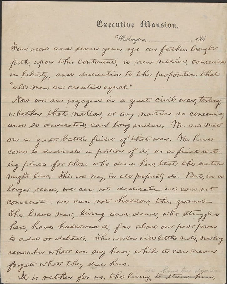Handwritten page of a historical speech with the header "Executive Mansion, Washington, 1860s," in cursive script.