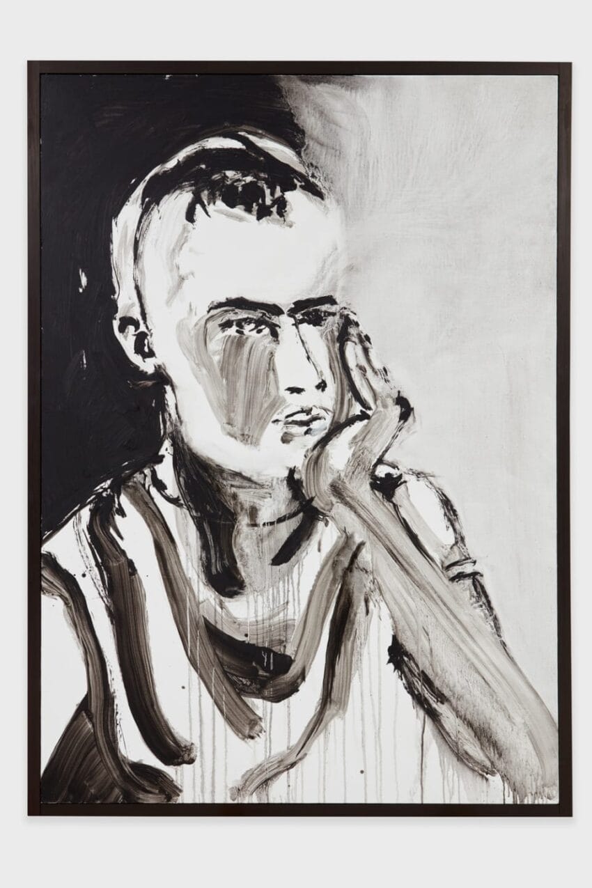 Portrait painting in black and white of a person resting their head on their hand, with expressive brush strokes.