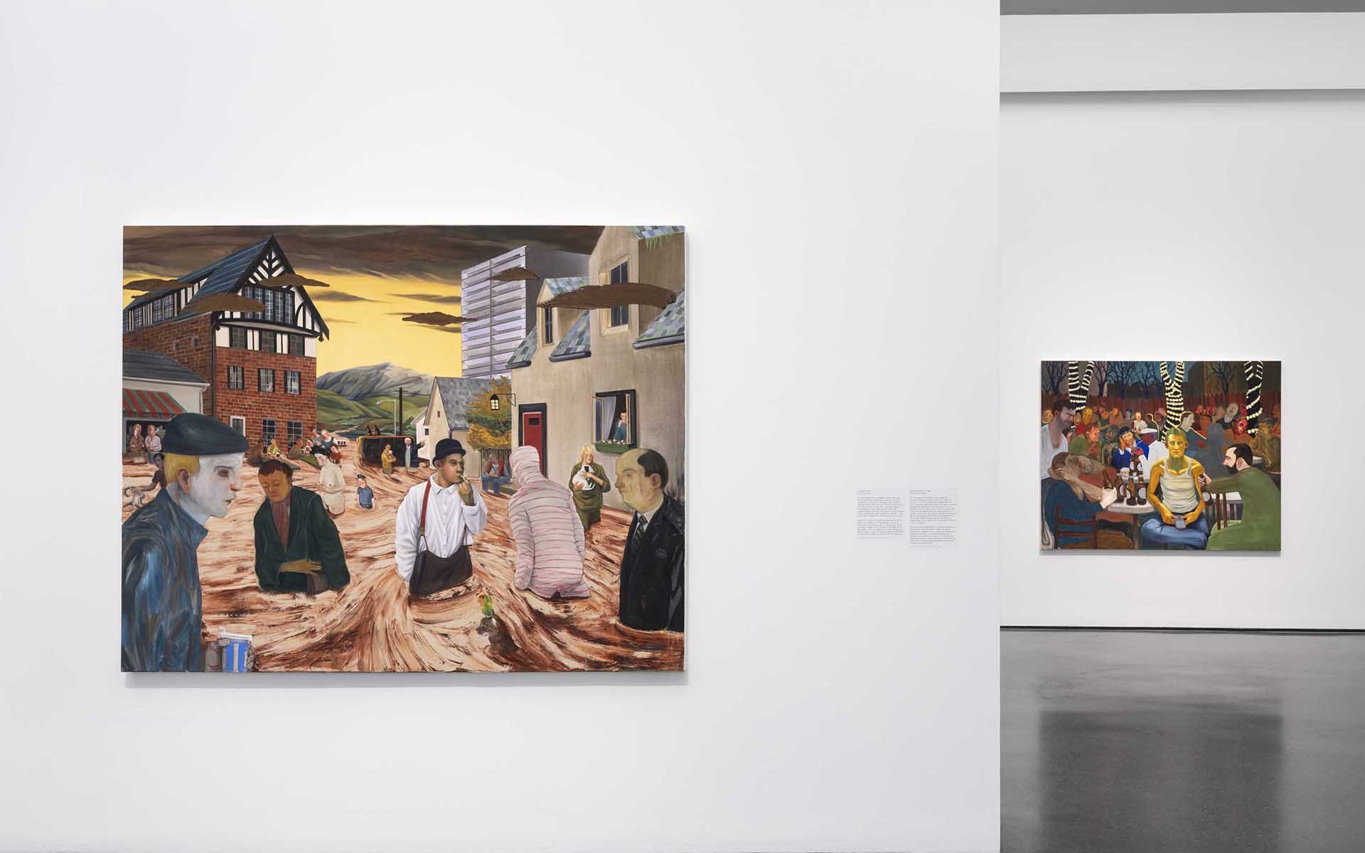 Art gallery with paintings on white walls, featuring scenes of people in historical and social settings.