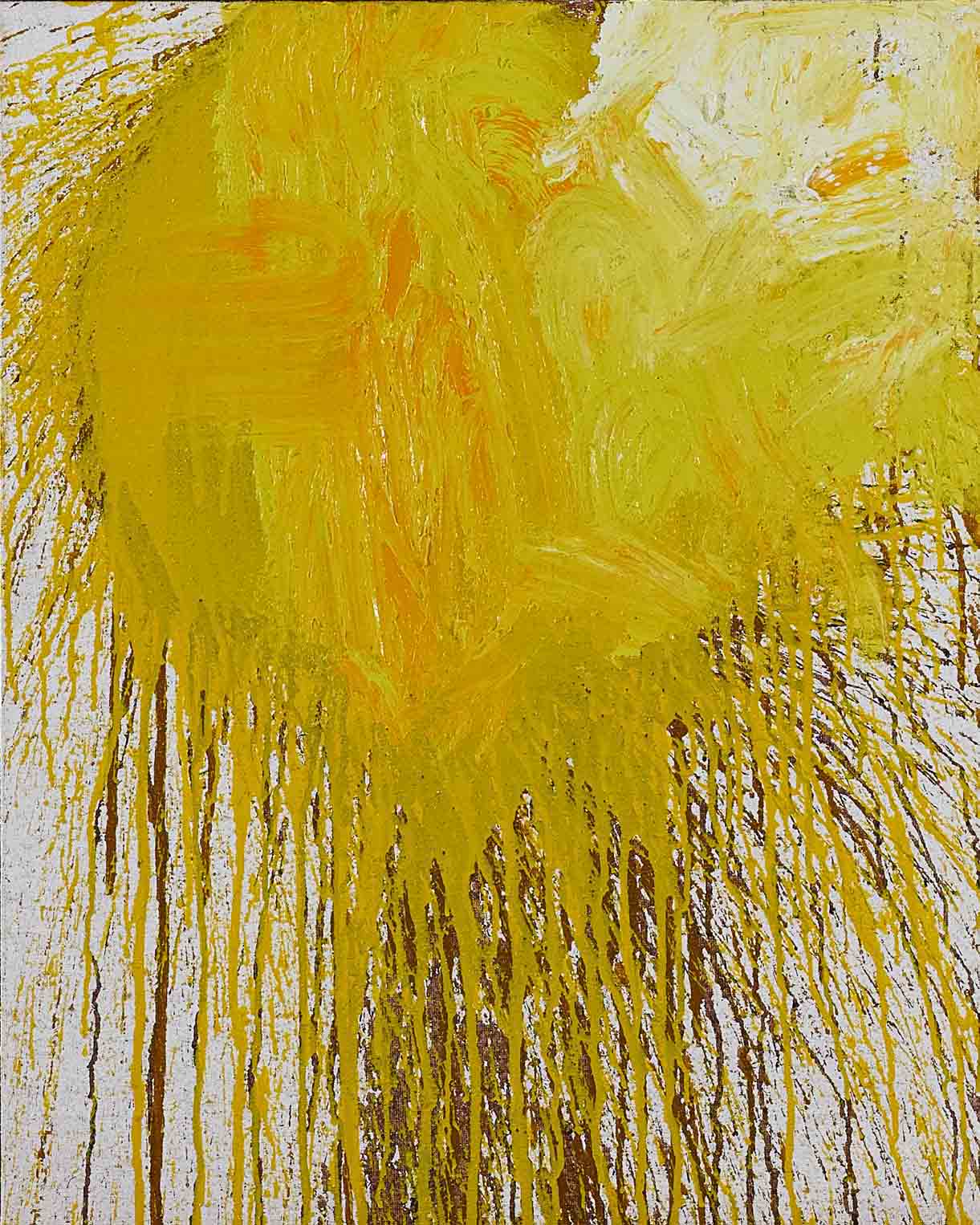 Abstract painting with vibrant yellow strokes and dripping texture on a white canvas.