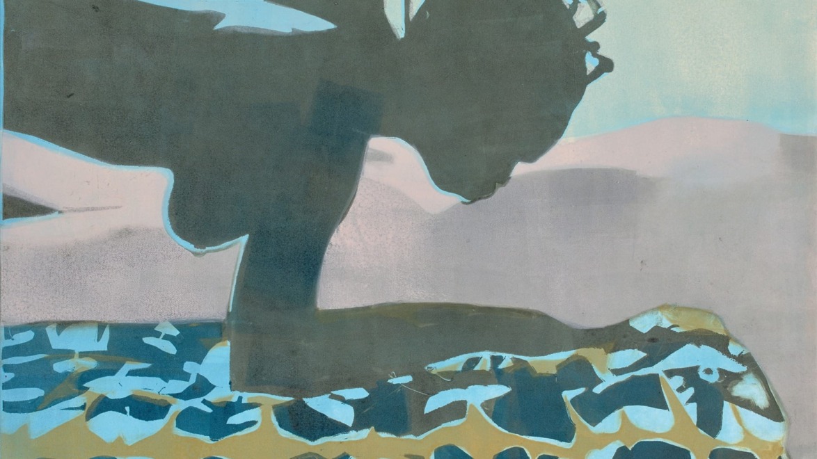 Silhouette of a person leaning over a patterned surface with abstract design elements in shades of blue and gray.