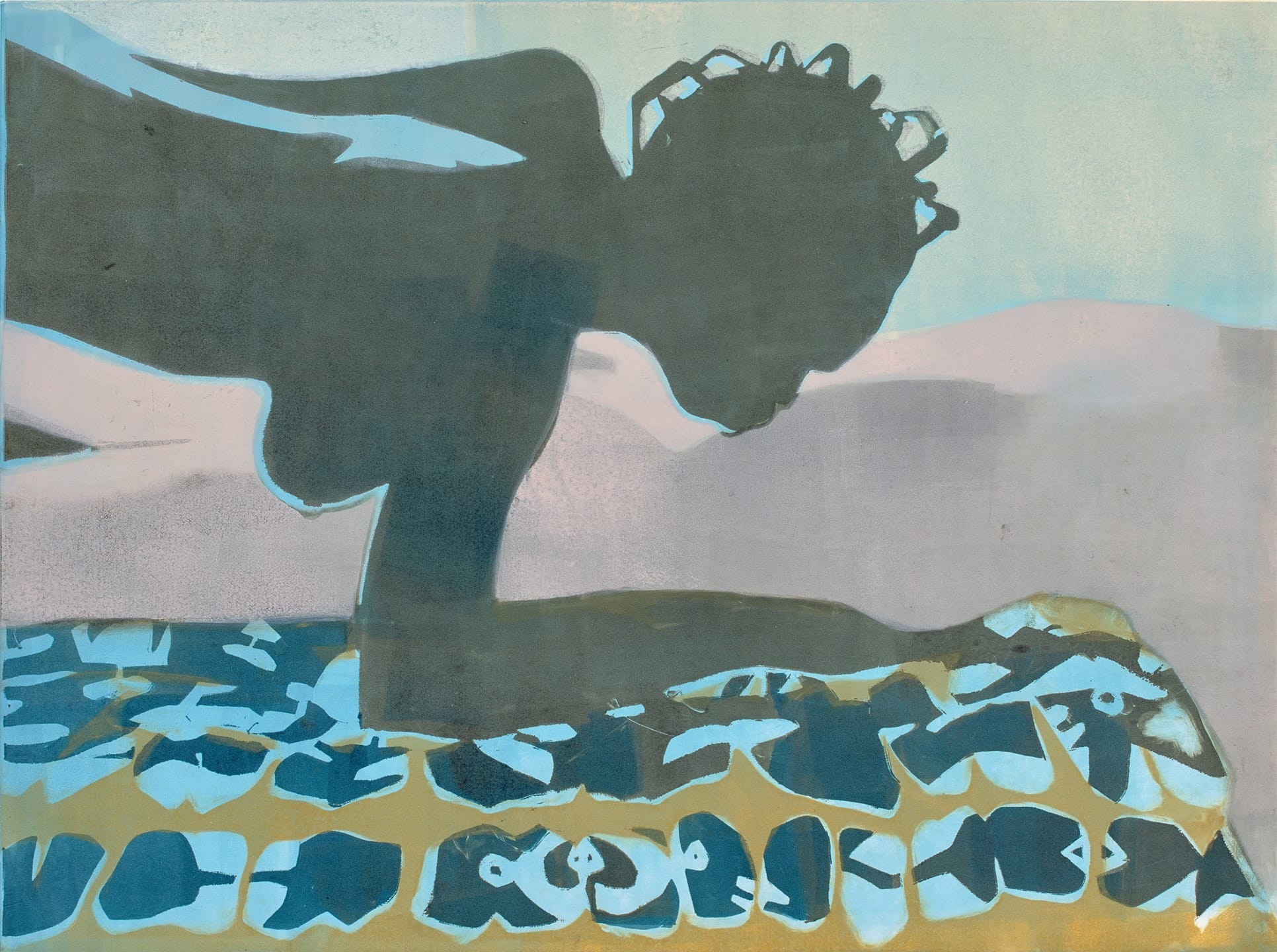 Silhouette of a person leaning over a patterned surface with abstract design elements in shades of blue and gray.