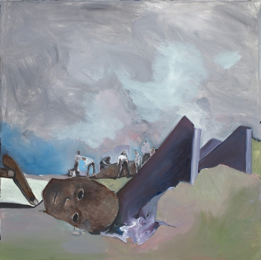 Surreal painting of a fallen sculpture head surrounded by abstract figures and geometric shapes in a cloudy, dynamic landscape.