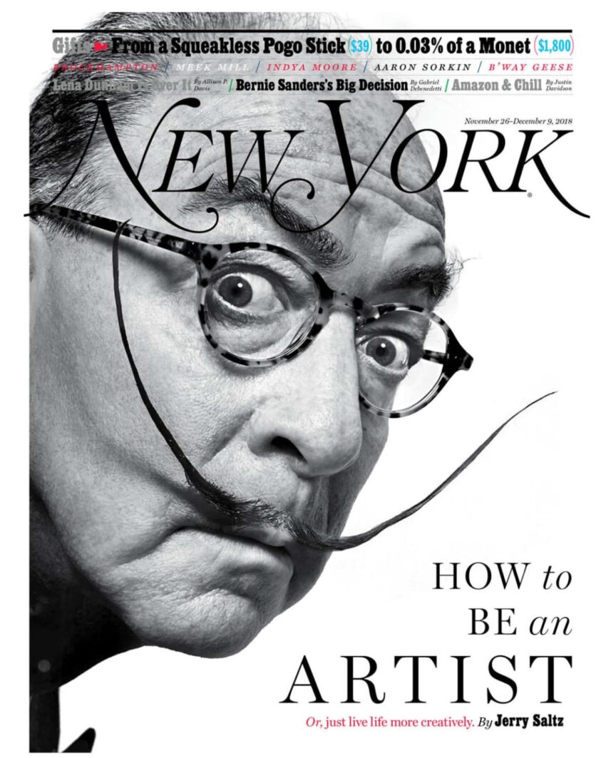 Magazine cover featuring a man with glasses and a twisted mustache, titled "How to Be an Artist" by Jerry Saltz.