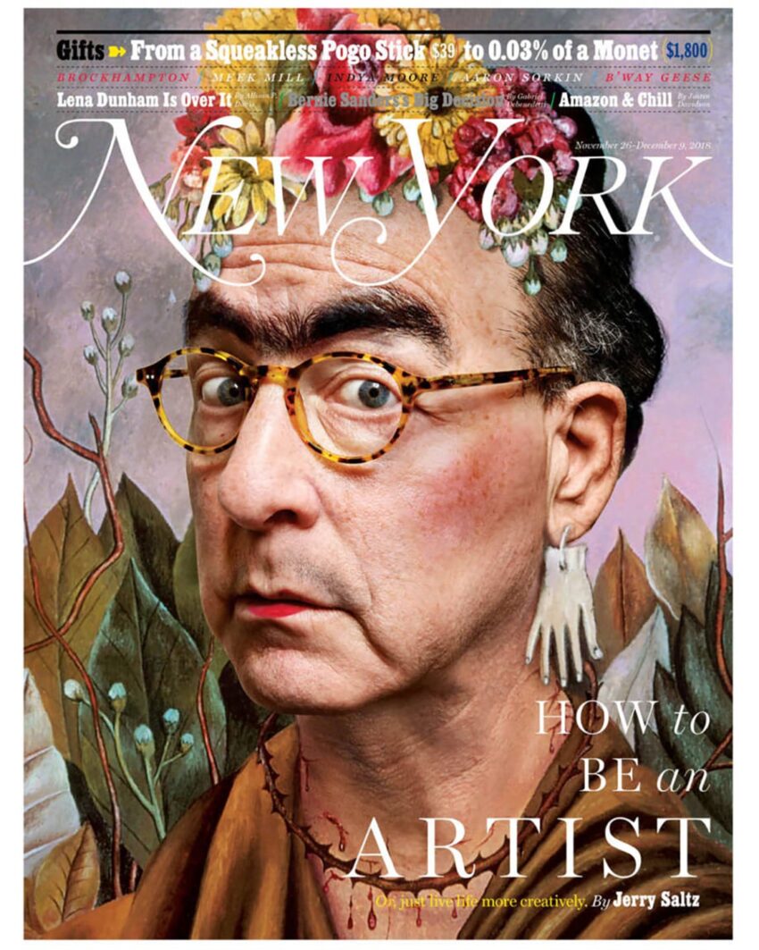 Magazine cover with a caricature of a man wearing glasses, set against a floral background with text "How to Be an Artist."