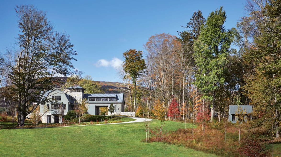 Modern white house surrounded by lush greenery and tall trees with a clear blue sky in the background.