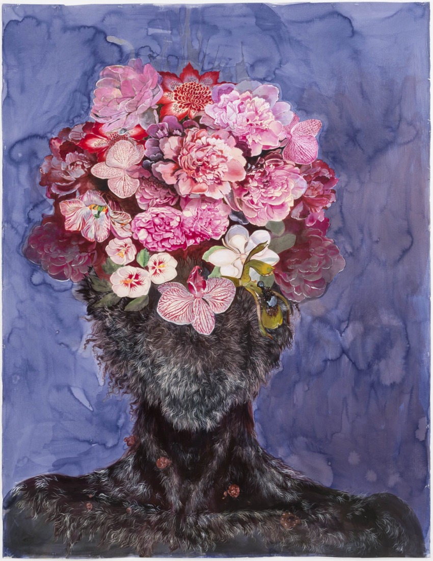 Surreal portrait of a figure with a vibrant floral arrangement instead of a head against a blue background.