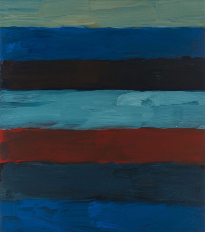 Abstract painting with horizontal stripes of varying shades of blue, green, and a bold red stripe in the middle.