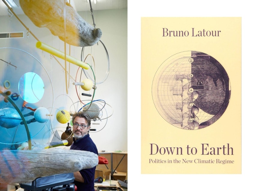 Artist working among hanging sculptures next to the book cover of Bruno Latour's "Down to Earth: Politics in the New Climatic Regime"