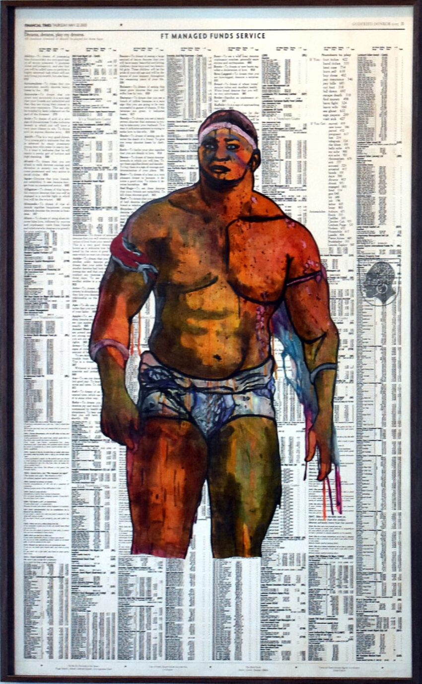 Colorful painting of a muscular man superimposed on a background of newspaper financial pages.