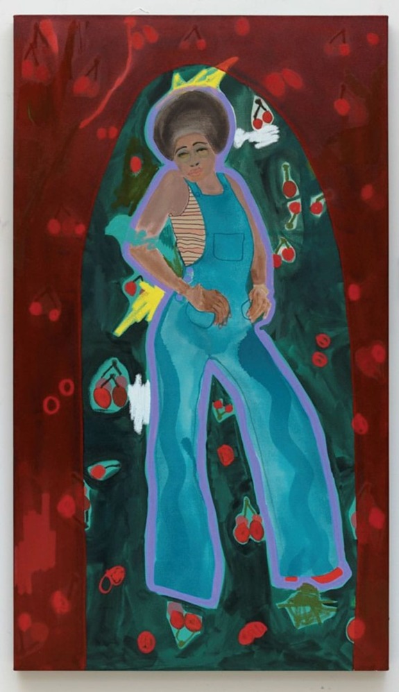 Painting of a person in blue overalls surrounded by cherries with a red and green background.