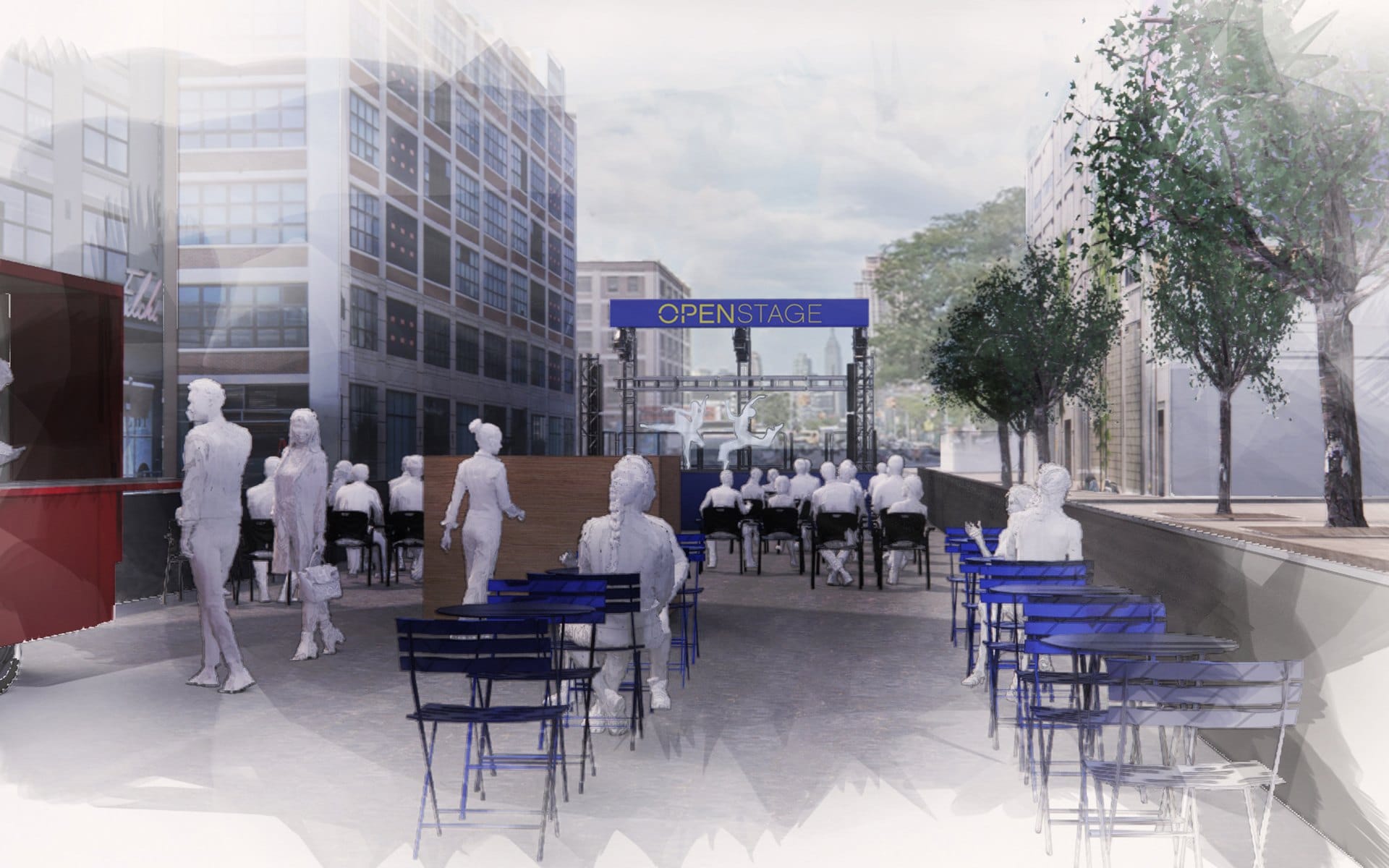 Artistic rendering of an outdoor event with people seated at tables and a stage in an urban setting.