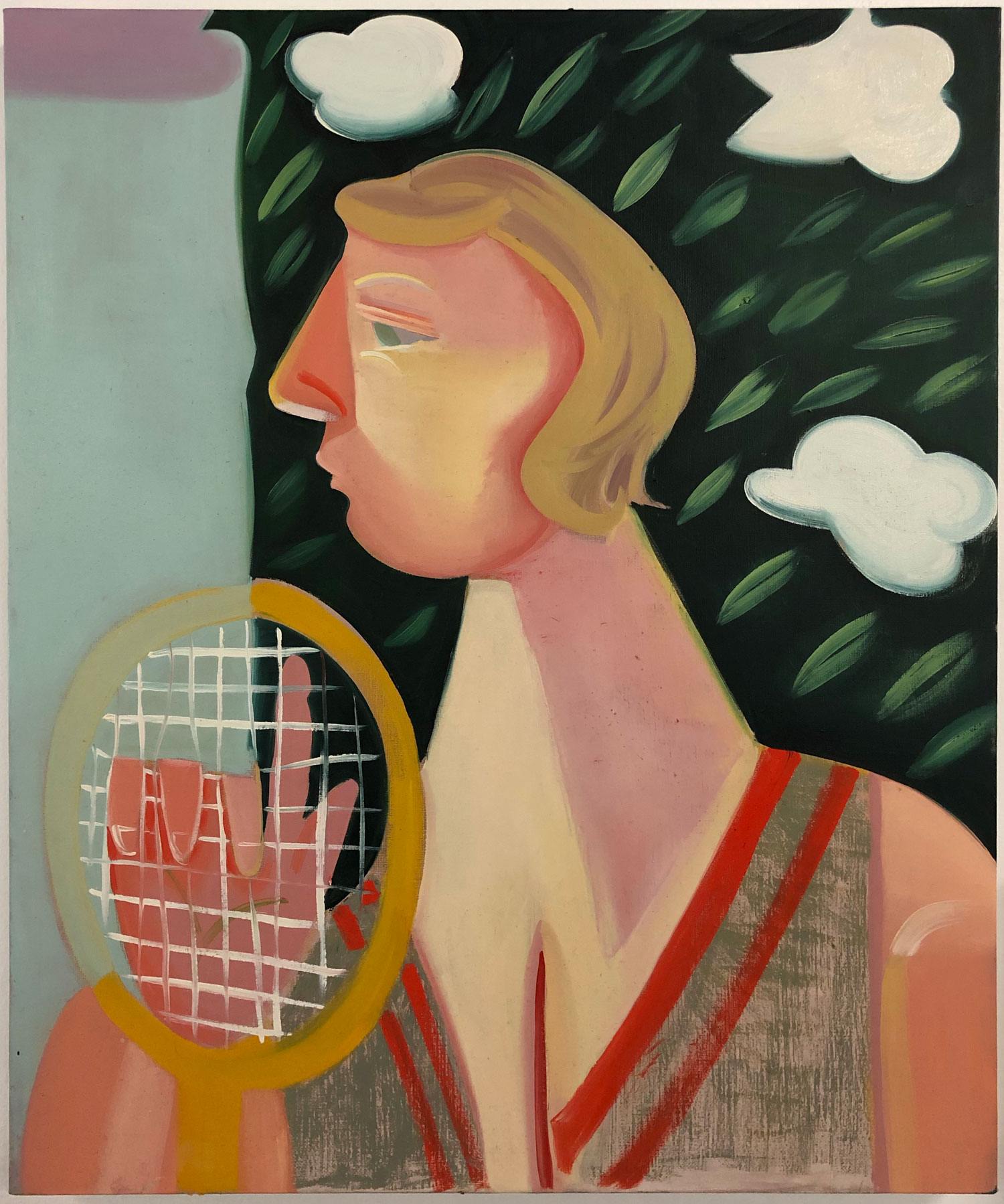 Colorful abstract painting of a person with a tennis racket, green background with leaves and white clouds.
