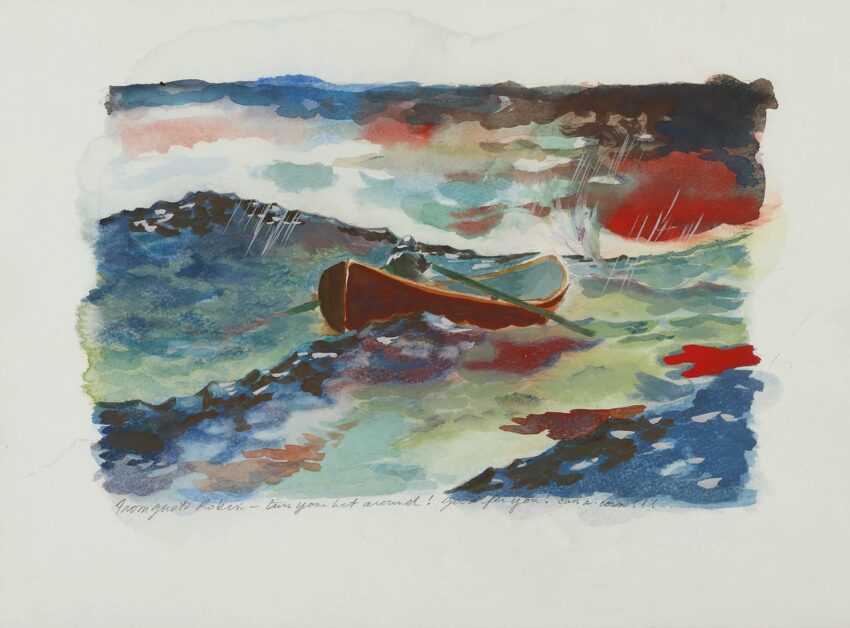 Painting of a small boat navigating through rough, colorful waves under a dramatic sky.