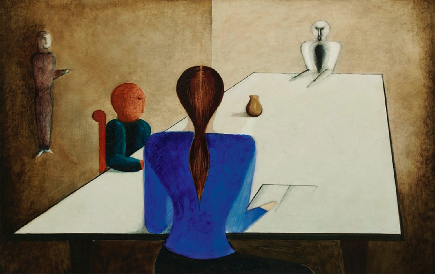 Surreal painting of four abstract figures around a table with a jug, showcasing unique shapes and muted colors.