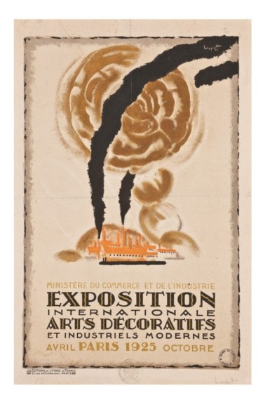 Vintage poster for the 1925 International Exhibition of Modern Decorative and Industrial Arts in Paris with a ship image.