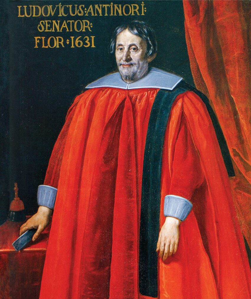 Portrait of Ludovico Antinori wearing a red robe with a gray collar, painted in 1631, with a red curtain background.