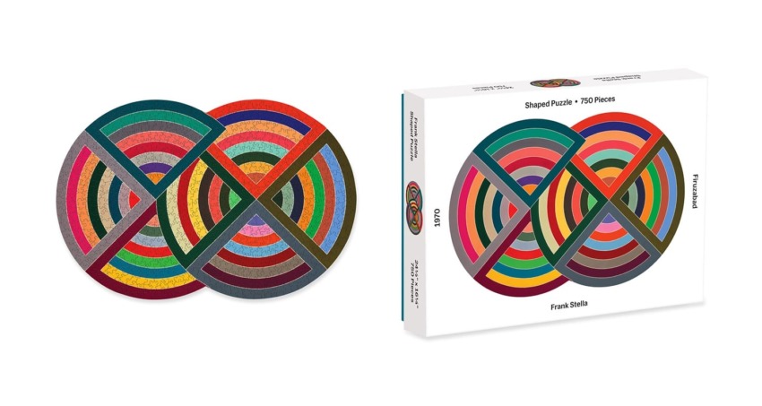 Colorful circular geometric abstract puzzle with overlapping arcs next to its packaging box displaying the puzzle design