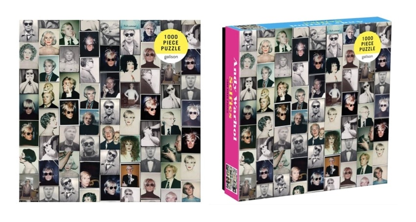 Collage of various portraits on a 1000-piece puzzle box with colorful borders and text.