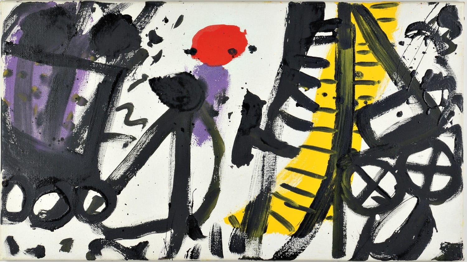 Abstract painting with bold black brushstrokes, a red circle, yellow diagonal lines, and scattered colorful shapes.