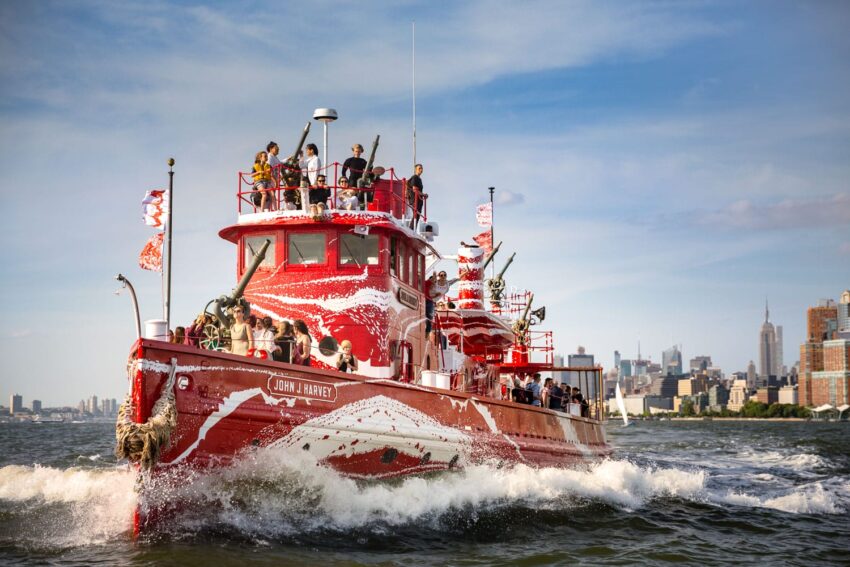 Red and white boat with people on deck sailing through water, city skyline in background under a clear blue sky.