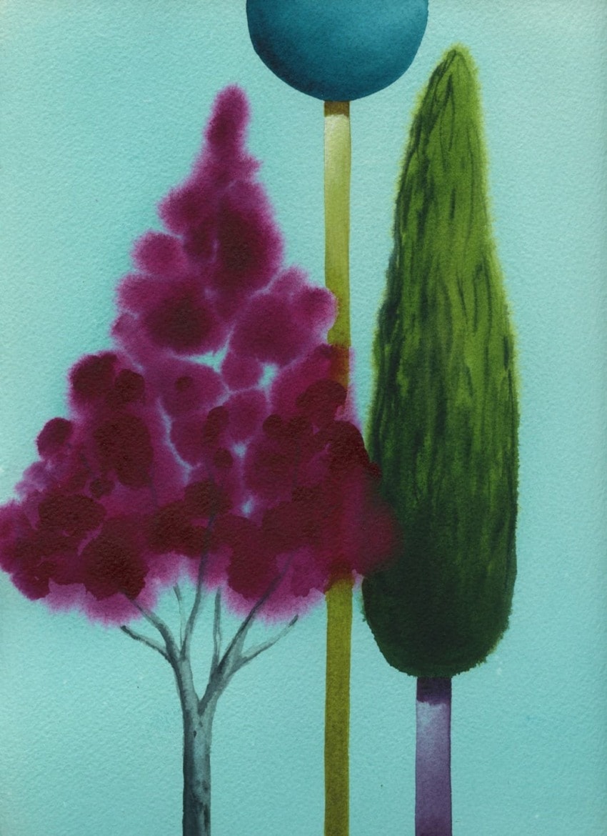 Colorful painting of abstract trees with green, purple, and blue tones against a light turquoise background.